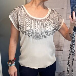 🔥2/$10 |•MAURICES•| Beaded Sequined Sheer Cream Top Size Small